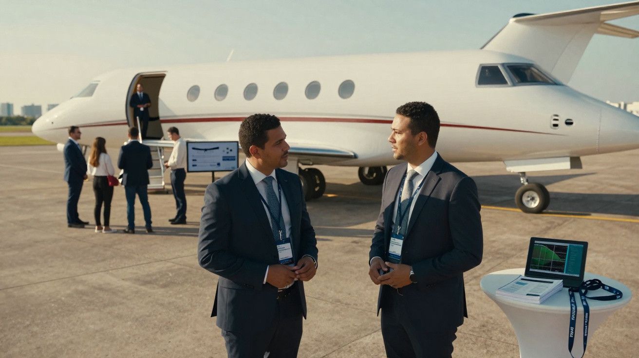 Dois homens de terno conversam em frente a um jato particular em um aeroporto com outras pessoas ao fundo.