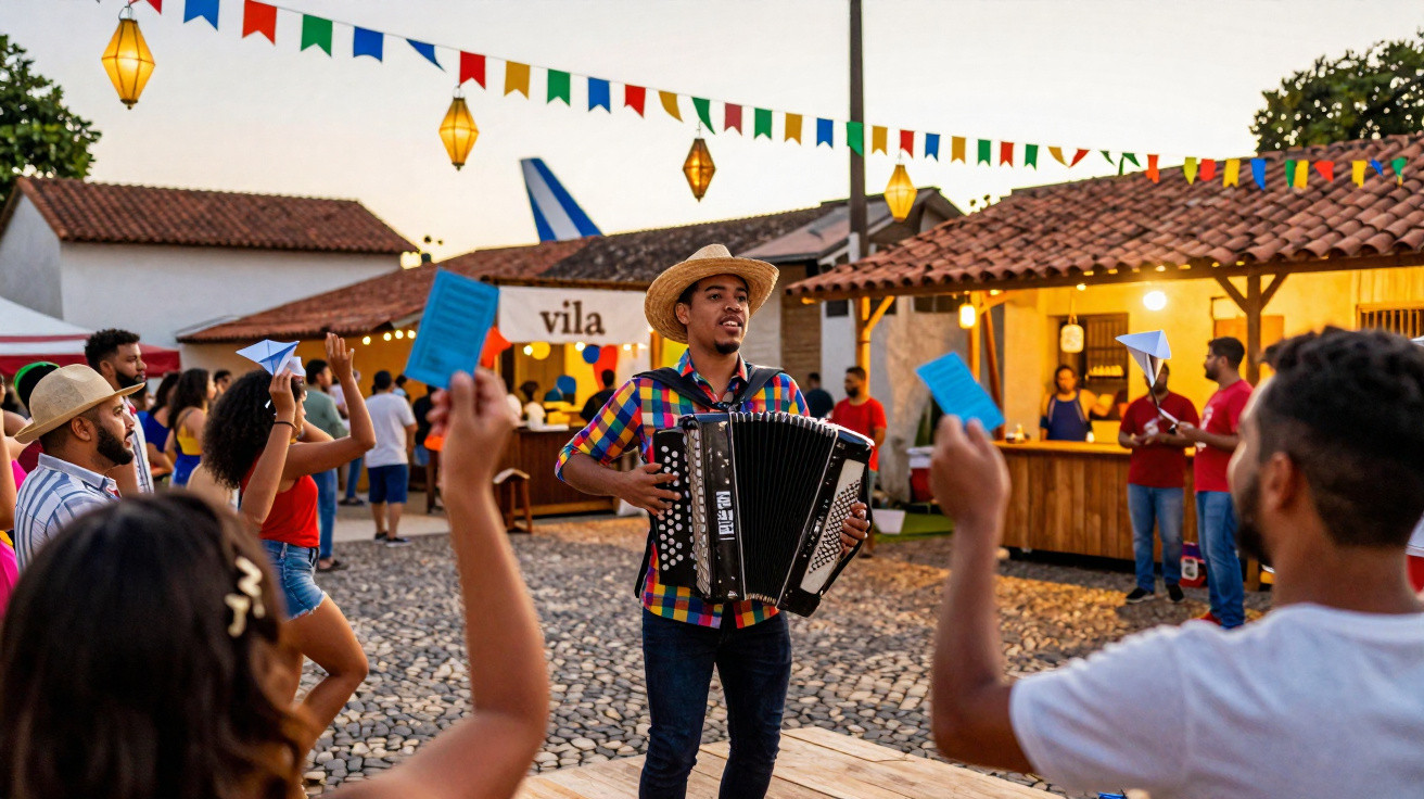 Homem tocando sanfona em festa junina com pessoas animadas, bandeirinhas e comidas típicas ao fundo.