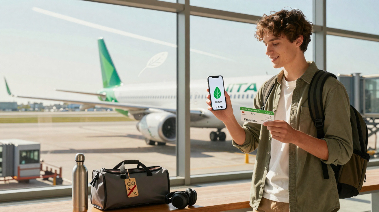 Jovem em aeroporto com smartphone e passagem, ao fundo avião da Gol Linhas Aéreas.