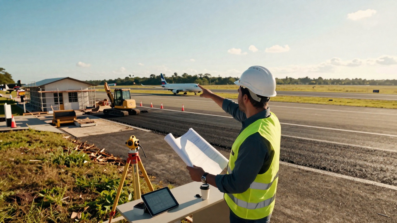 Engenheiro com capacete e colete refletivo inspeciona obra de pavimentação em pista de aeroporto sob sol.