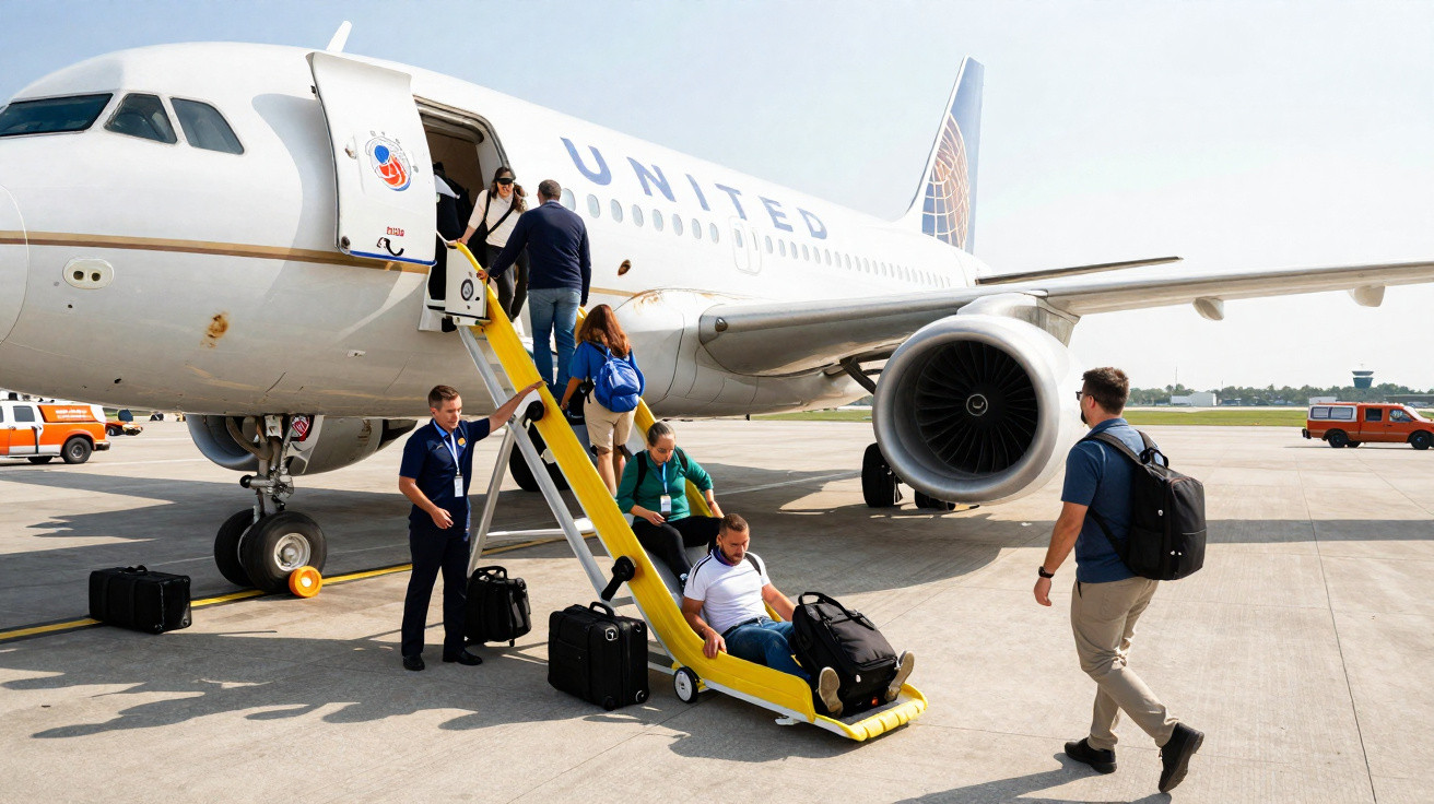 Passageiro com dificuldade embarca em avião da United com auxílio de rampa e equipe no aeroporto.