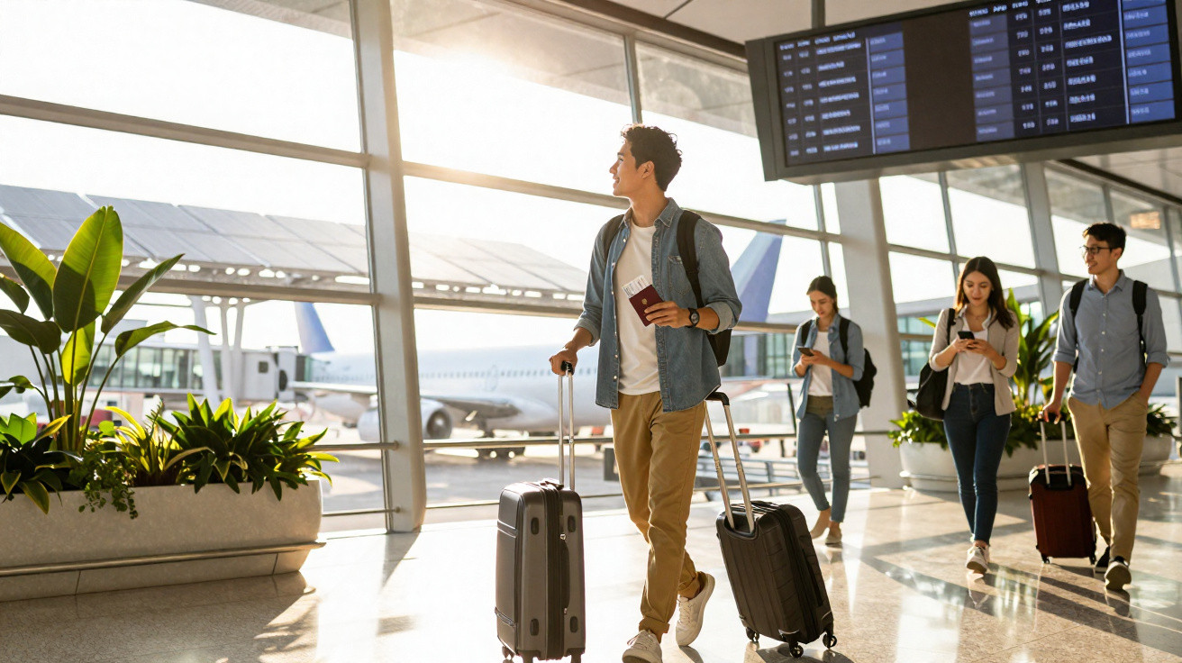 Jovens com bagagens e passaportes caminhando no aeroporto com avião ao fundo e painel de voos acima.