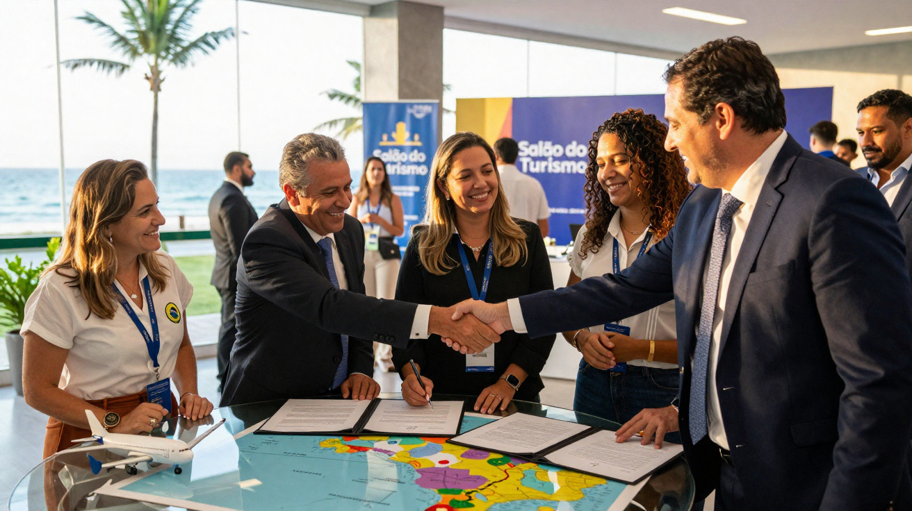 Pessoas em evento de turismo com painel, mapa e modelo de avião, apertando mãos e sorrindo.