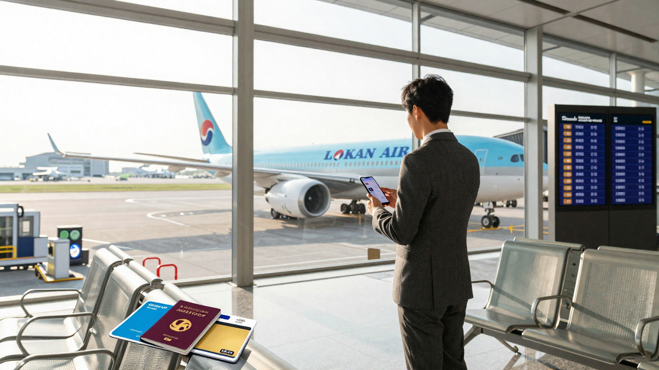 Homem de terno usando celular em sala de embarque com avião e documentos sobre a poltrona no aeroporto.