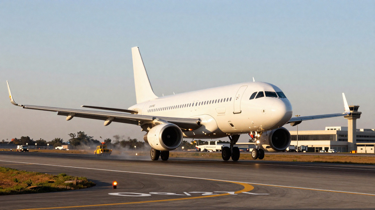 Avião de passageiros branco taxiando em pista de aeroporto ao entardecer.
