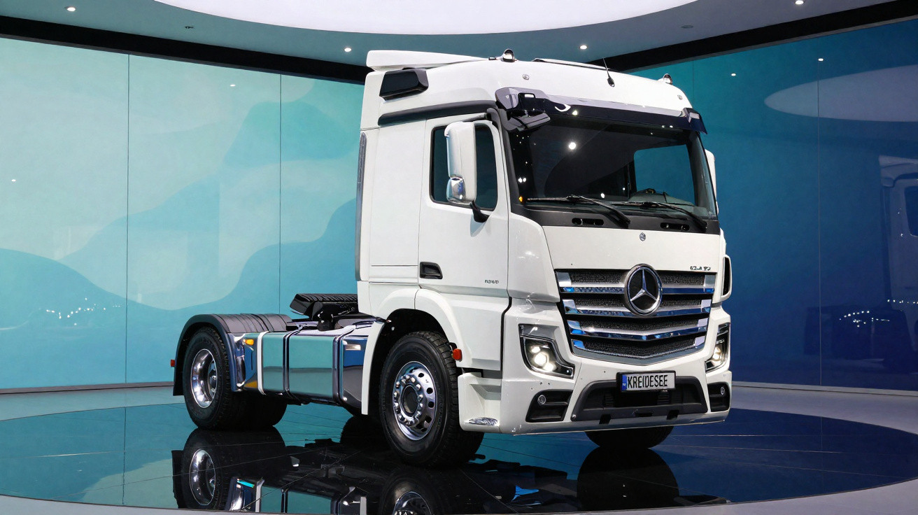 Caminhão branco Mercedes-Benz exposto em ambiente interno com fundo azul e piso refletivo.