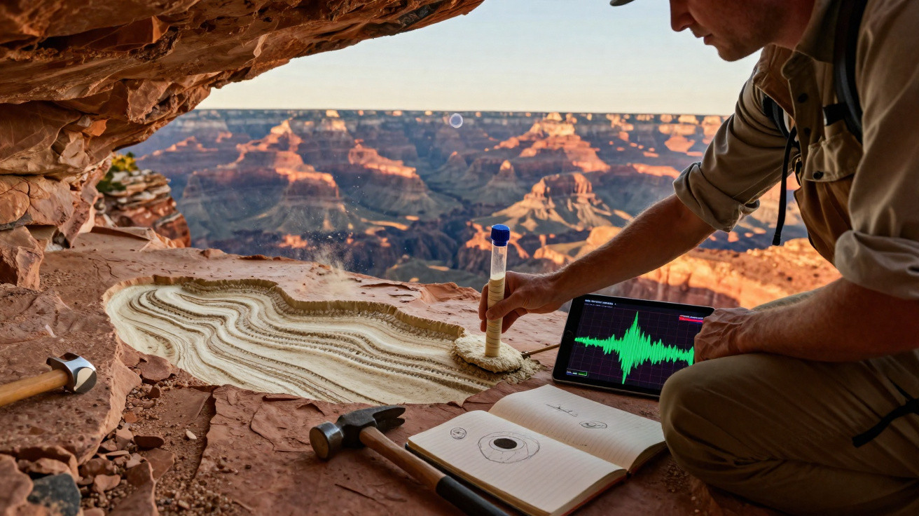 Pesquisador analisa estratos rochosos com ferramentas e laptop em cânion ao pôr do sol.