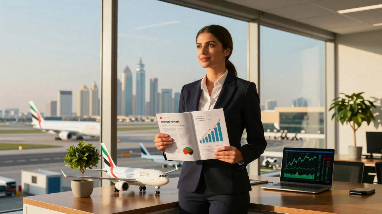 Mulher em escritório no aeroporto segurando relatório financeiro com gráfico em alta.