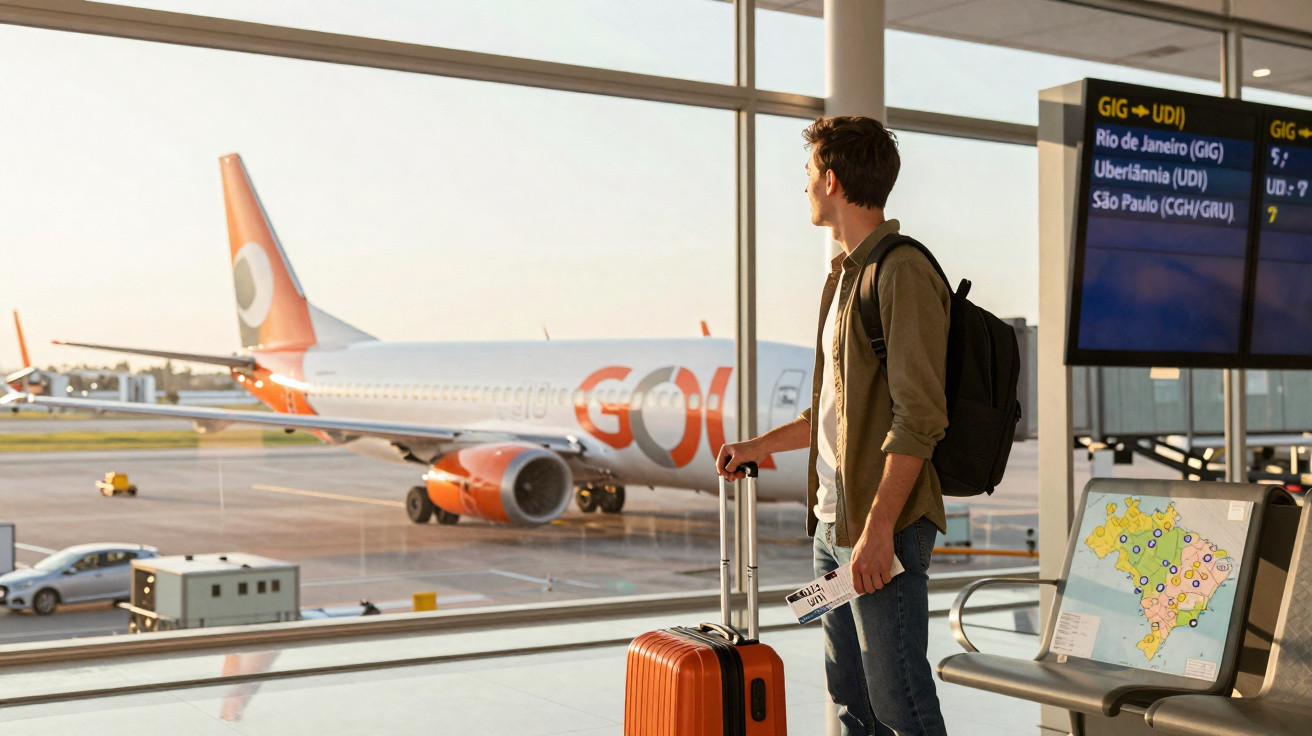 Homem com mochila e mala laranja observa avião da Gol em aeroporto durante o pôr do sol.