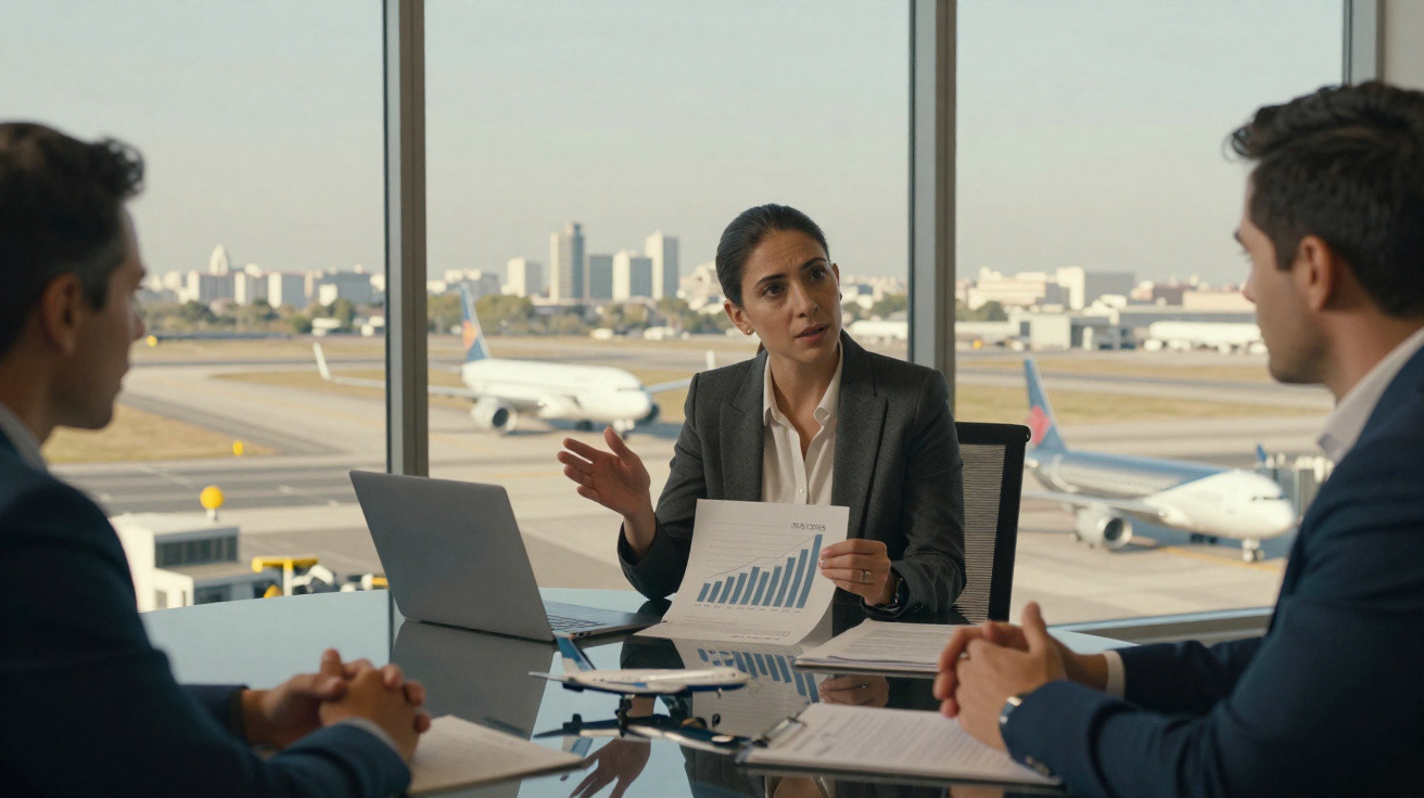 Mulher executiva apresenta gráfico para dois homens durante reunião em sala com vista para aeroporto.