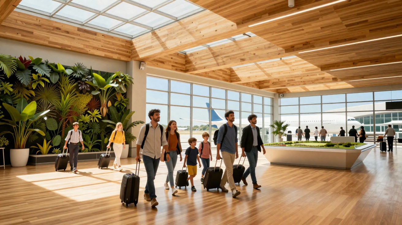 Passageiros com malas caminhando em corredor de aeroporto moderno com teto de madeira e parede com plantas.