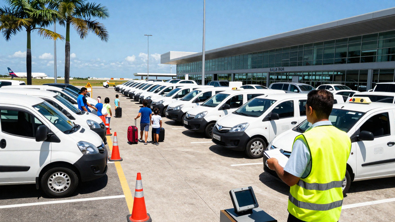 Fila de vans brancas e passageiros na área externa de aeroporto sob céu azul.