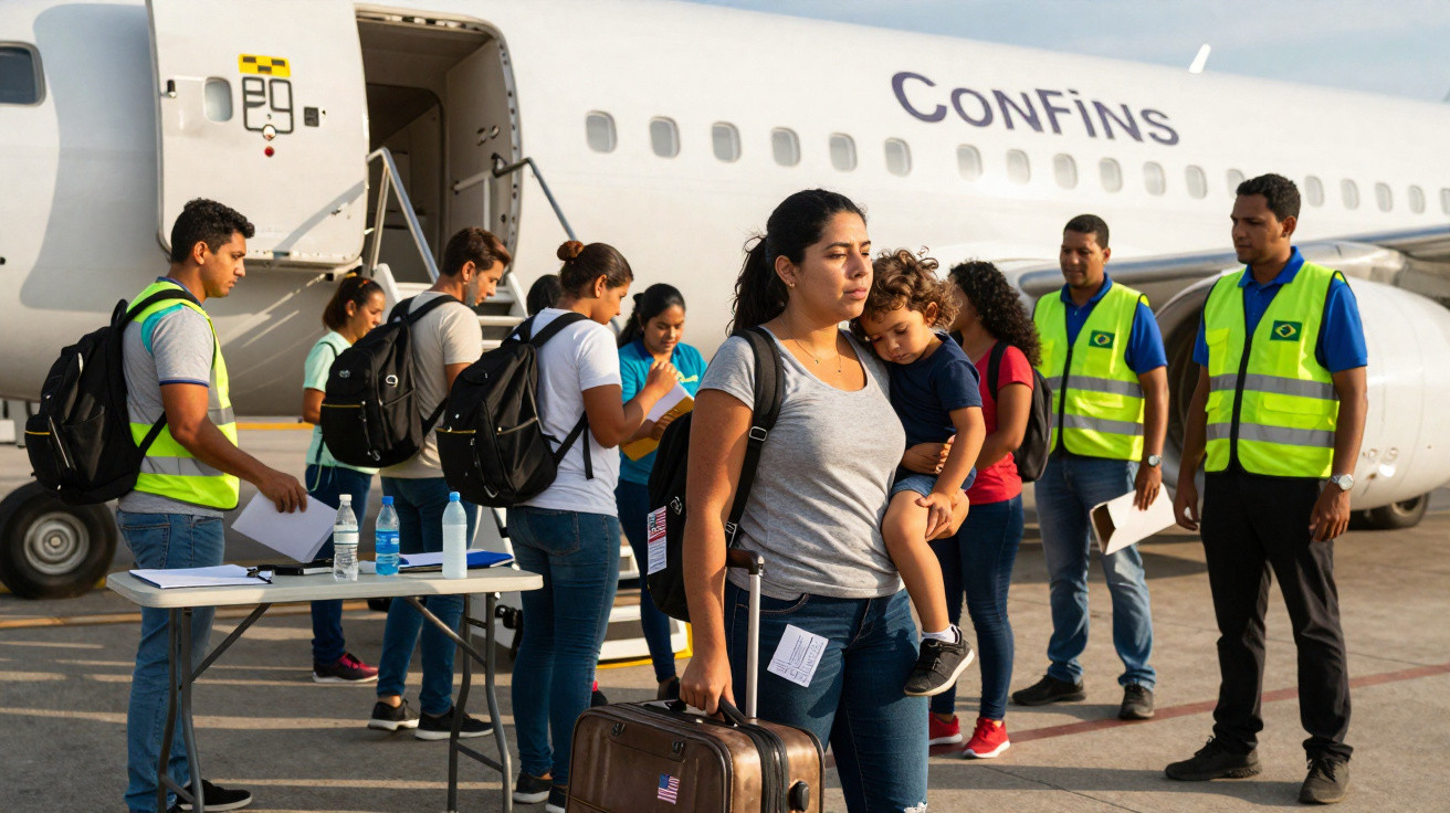 Passageiros desembarcando de avião da ConFins com equipe de suporte usando coletes amarelos no aeroporto.