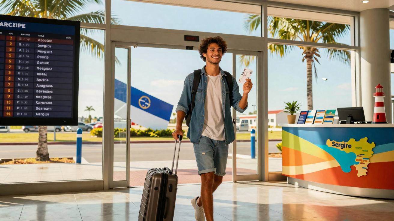 Jovem sorridente com mochila e mala no aeroporto, segurando passagens, com palmeiras ao fundo.
