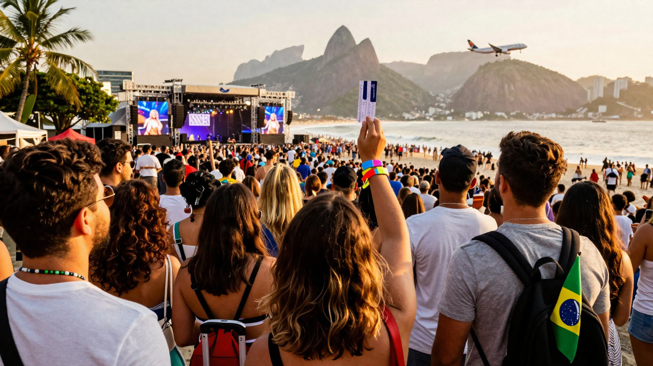 Público em evento na praia de Ipanema com avião sobrevoando e Morro Dois Irmãos ao fundo no Rio de Janeiro.