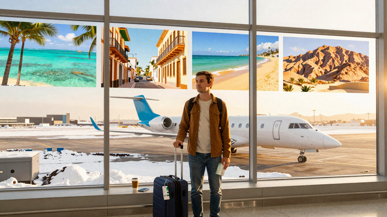 Homem com mala em aeroporto olhando para fotos de destinos tropicais na janela com avião ao fundo.
