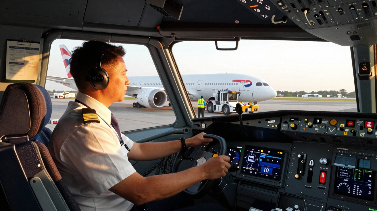 Piloto masculino dentro do cockpit com fones, operando controles, com avião da British Airways ao fundo no aeroporto.