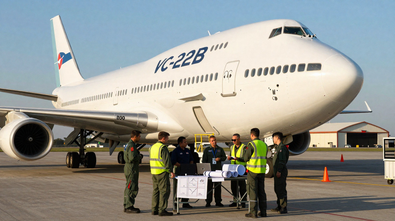 Equipe militar em reunião ao lado de avião de grande porte branco estacionado no aeroporto.