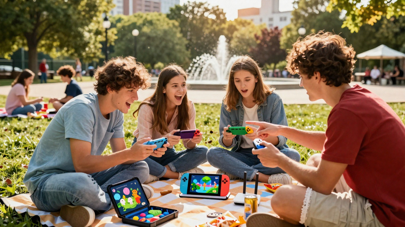 Jovens sentados em parque jogando em consoles portáteis com fonte e árvores ao fundo.