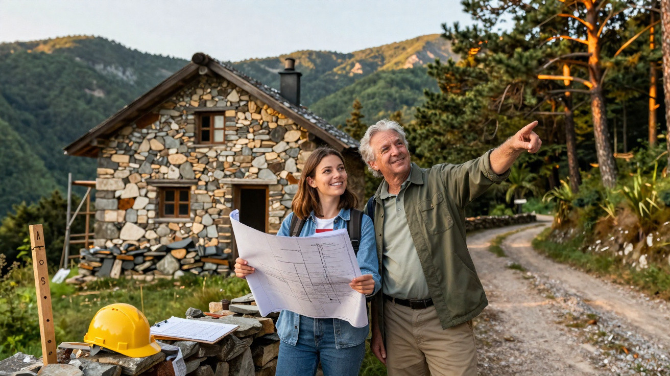Casal analisando planta em casa de pedra na área rural com estrada e montanhas ao fundo.