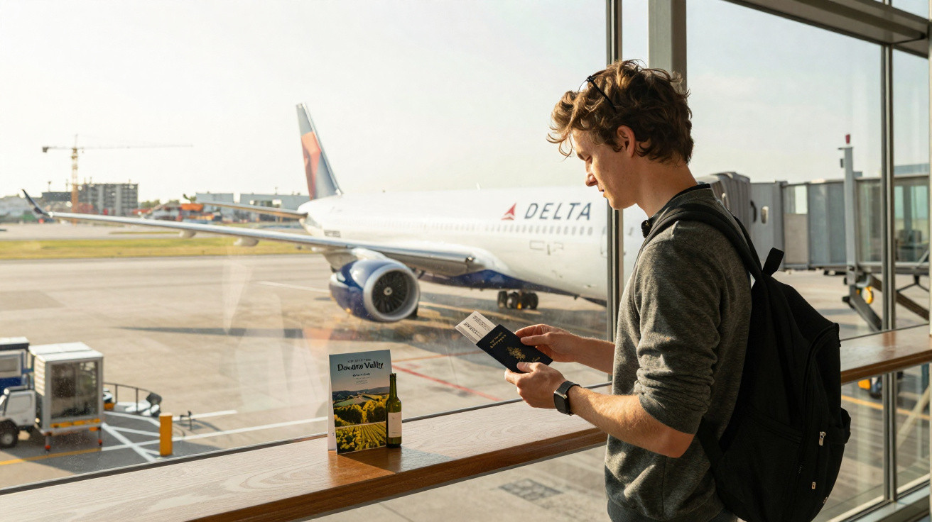 Jovem com mochila confere passaporte e bilhete em aeroporto com avião Delta ao fundo.