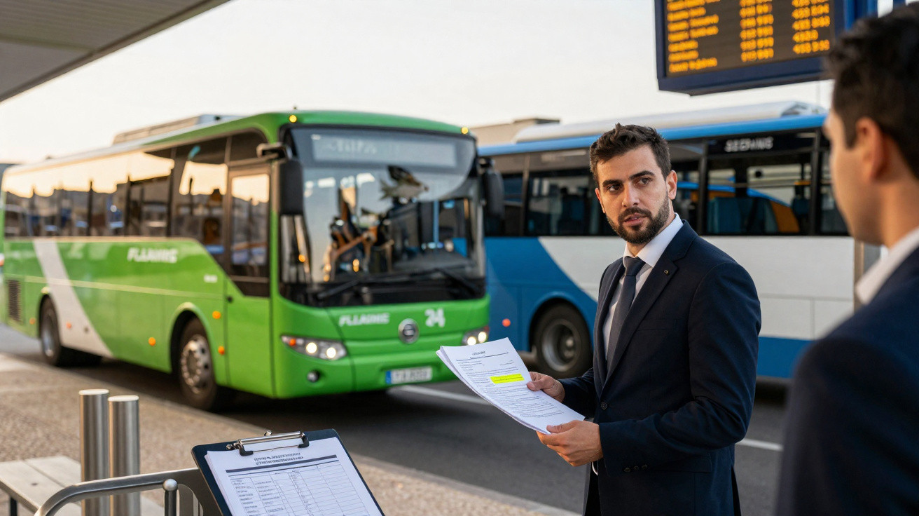 Homem de terno com documentos em mãos conversa na rodoviária com ônibus verde e azul ao fundo.