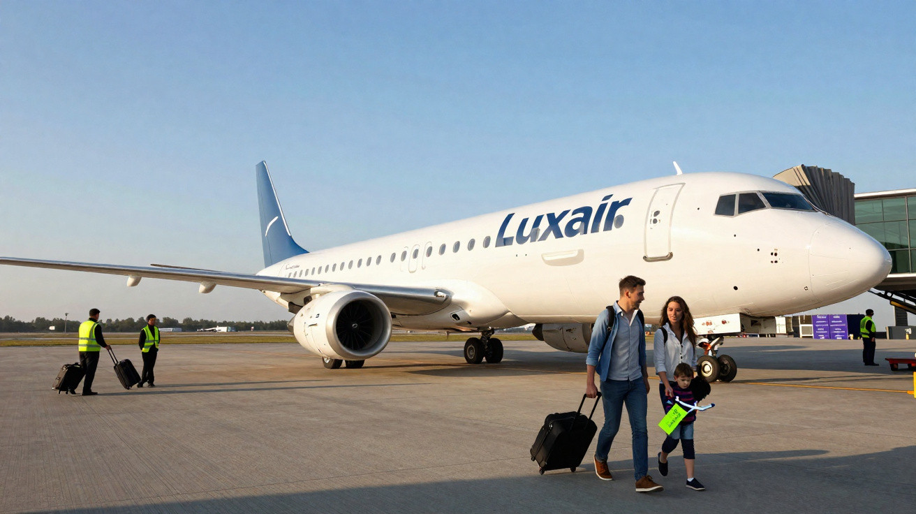 Família com malas caminhando próxima a avião Luxair estacionado no aeroporto durante o dia.