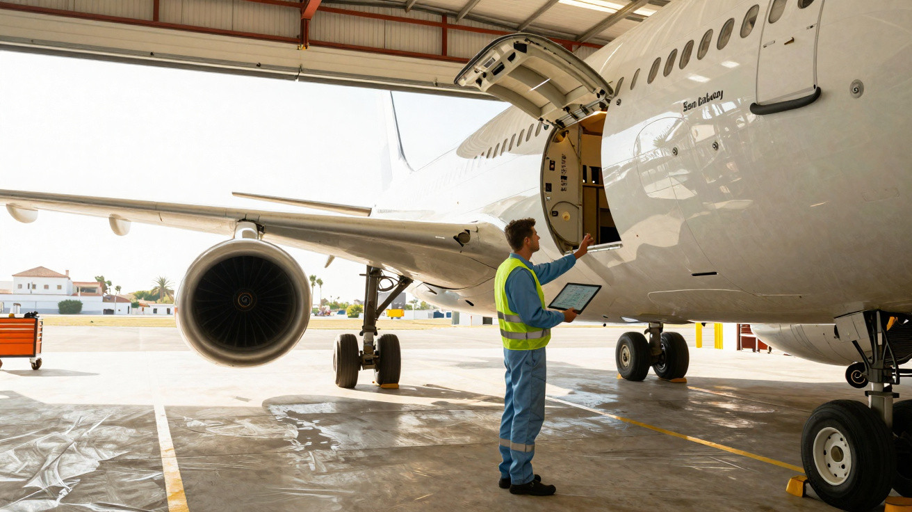 Técnico de aviação inspecionando compartimento aberto de avião em hangar com tablet na mão.