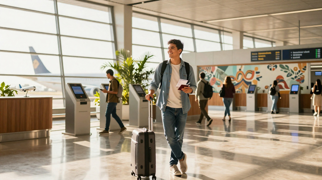 Jovem sorridente com mochila e mala no aeroporto, segurando passaporte e bilhete, pessoas ao fundo.