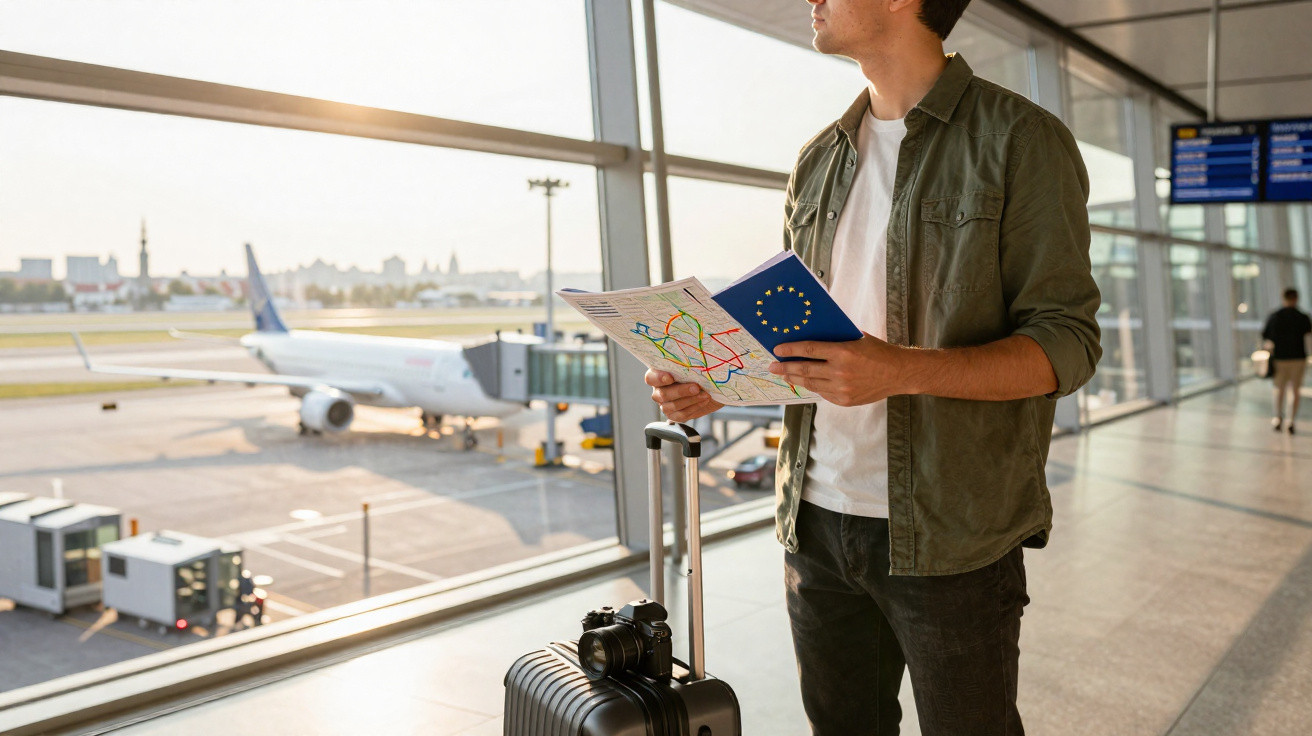 Homem em aeroporto segurando mapa e passaporte europeu, com mala e avião ao fundo.