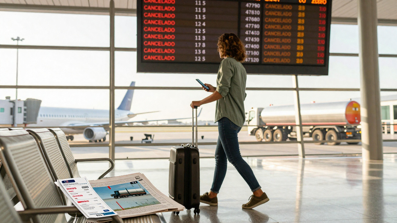 Mulher com mochila e mala observa painel com voos cancelados em aeroporto moderno.