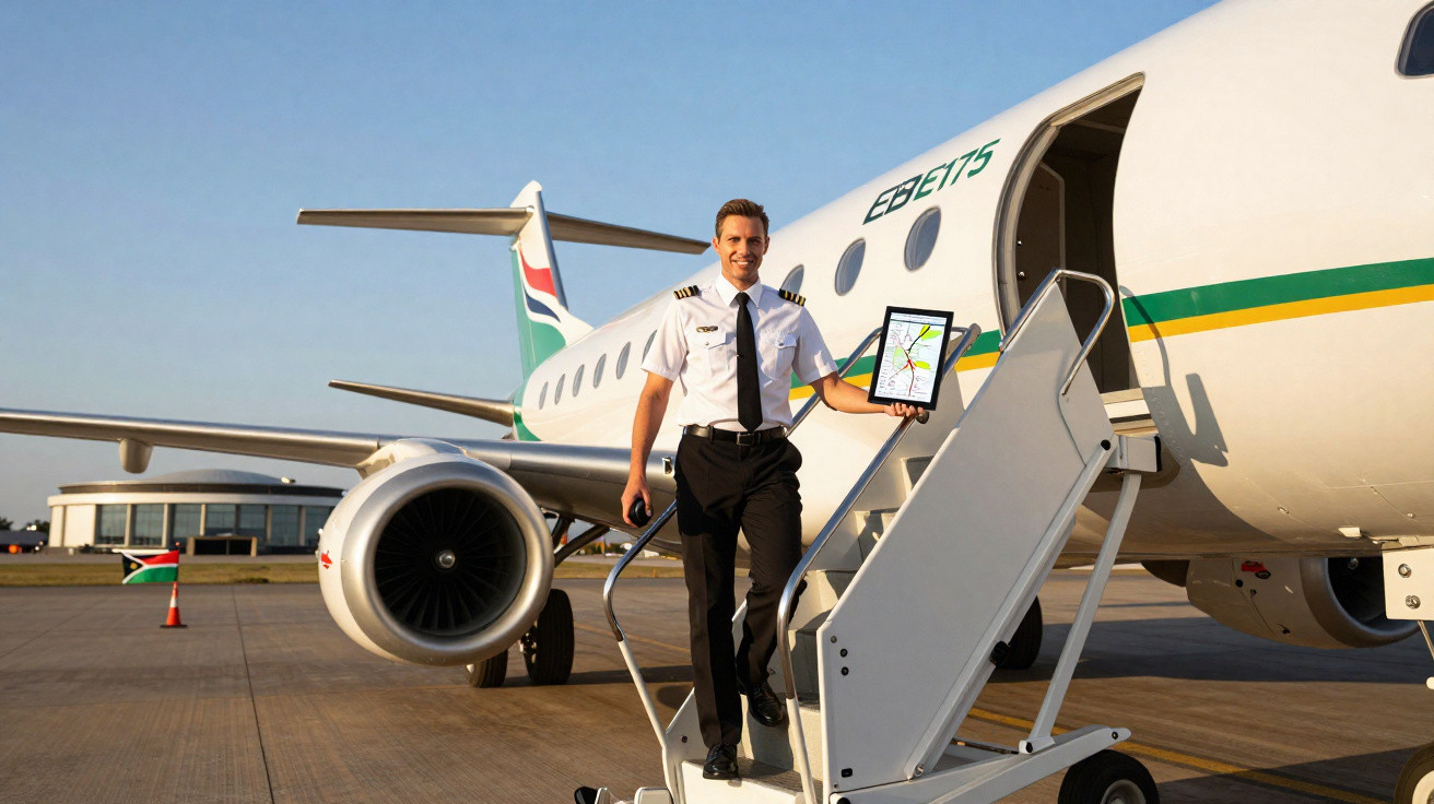 Piloto em uniforme branco sorrindo na escada de entrada de avião com tablet na mão em dia ensolarado.