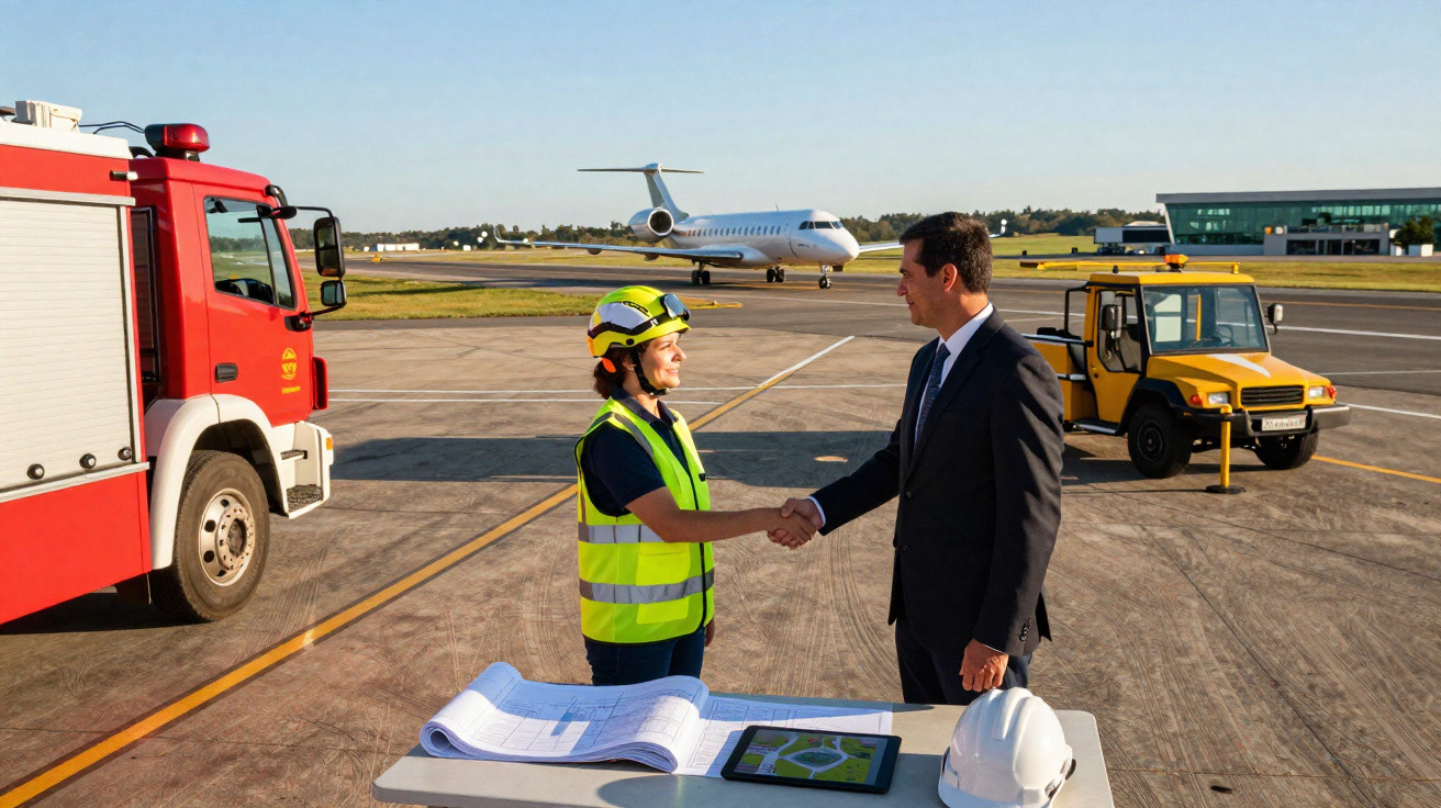 Homem de terno e profissional de segurança do aeroporto apertam mãos na pista com avião e veículos ao fundo.