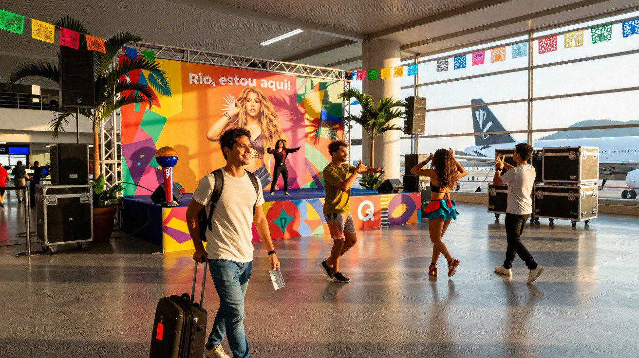 Pessoas dançando e viajante com mala em área de aeroporto decorada com banner colorido "Rio, estou aqui".
