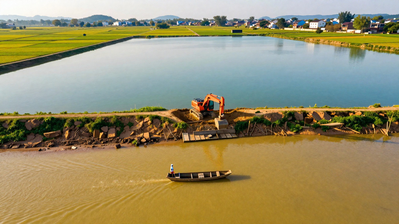 Homem em barco navegando em rio próximo a escavadeira e campos agrícolas ao fundo em área rural.