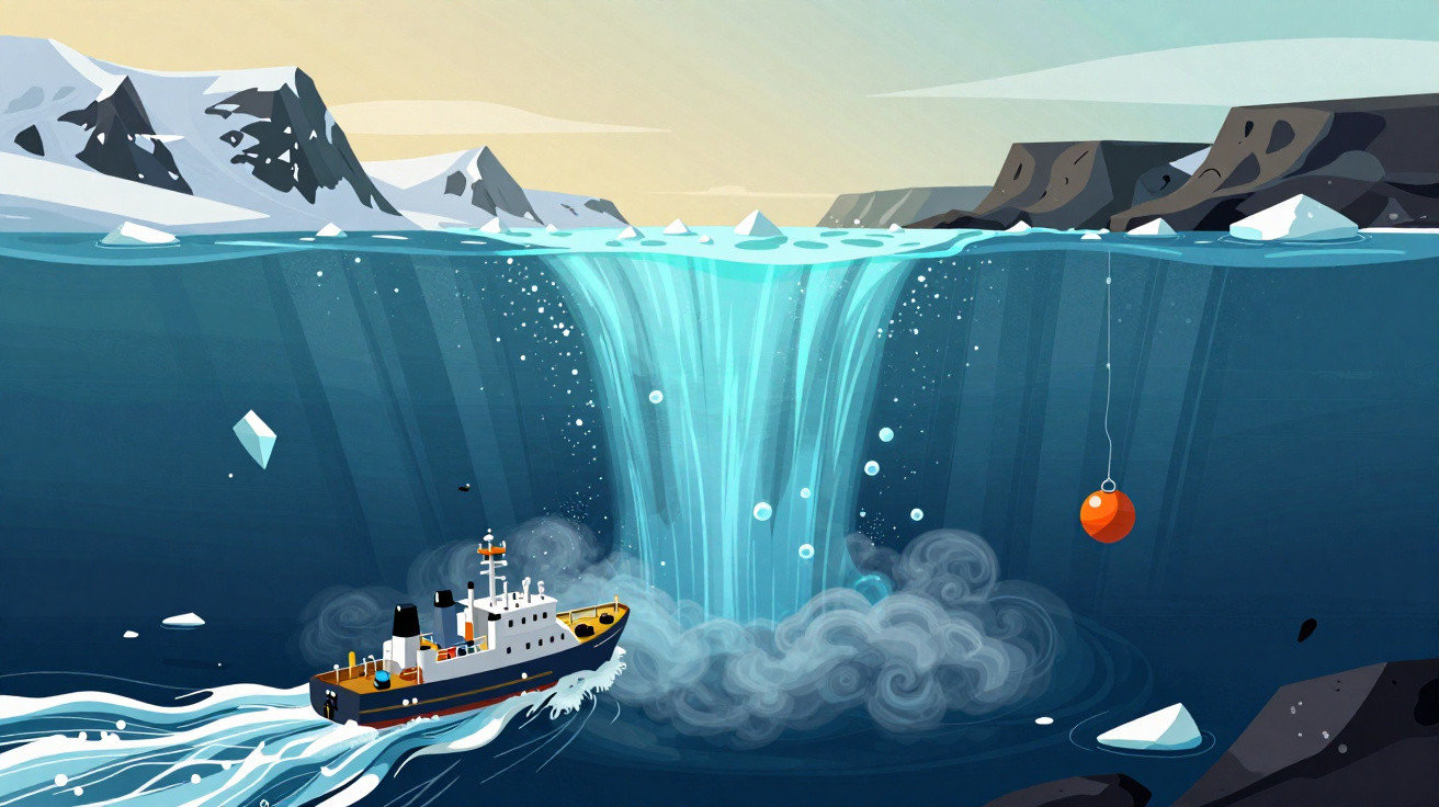 Ilustração de navio navegando perto de grande redemoinho em águas geladas com geleiras ao fundo.
