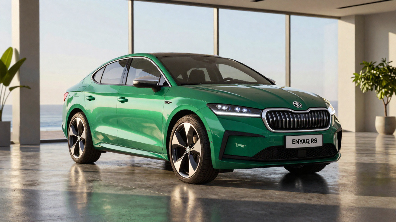 Carro elétrico Skoda Enyaq RS verde em ambiente interno moderno com janelas grandes e plantas.