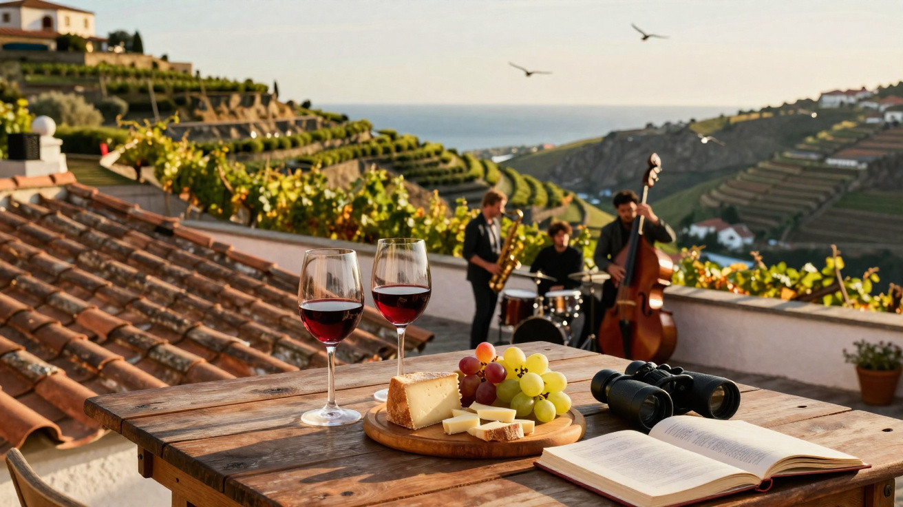 Mesa com vinho, queijos, uvas, livro e binóculos com músicos ao fundo em vinhedo à beira-mar ao pôr do sol.