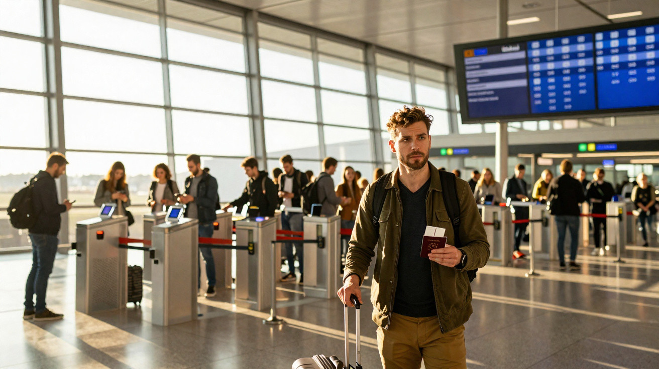 Homem com mochila e mala puxando passa por controle de segurança em aeroporto com outras pessoas ao fundo.