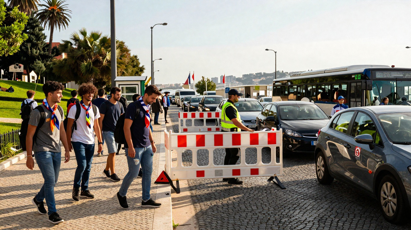 Grupo de jovens caminhando em calçada próxima a barreira e trânsito de carros em dia ensolarado.