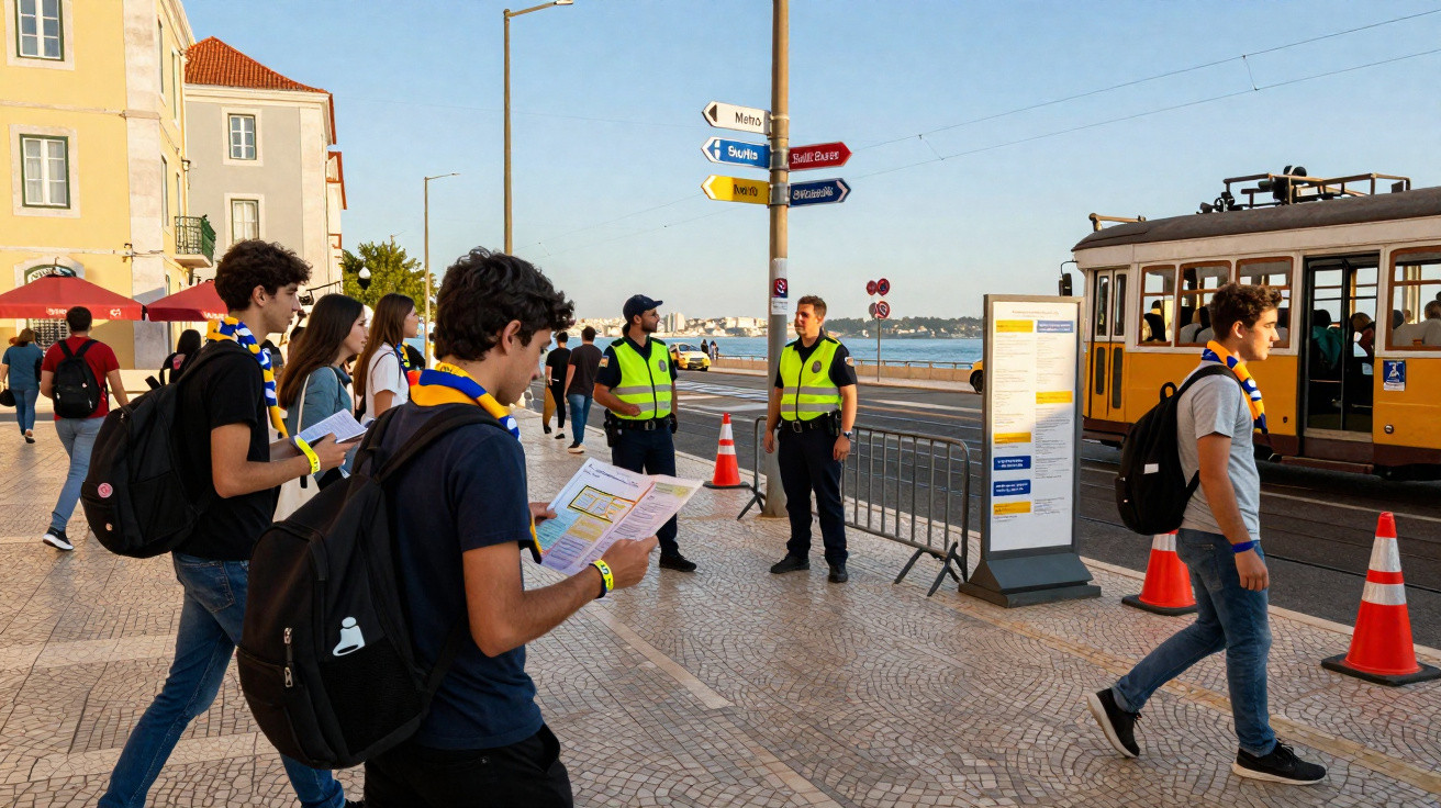 Jovens com mochilas e mapas próximos a dois agentes de segurança e um bonde amarelo em calçada à beira-mar.