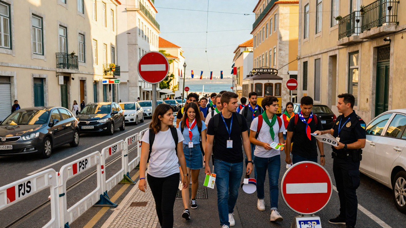 Grupo de jovens caminhando por rua urbana com barreiras de trânsito e guarda municipal orientando.