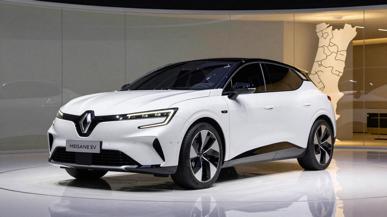 Carro elétrico branco Renault Megane EV exposto em ambiente interno moderno e iluminado.