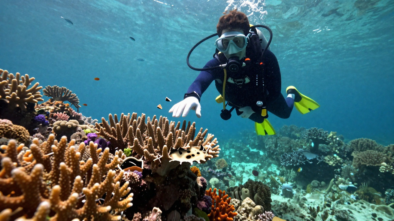 Mergulhador com snorkel e nadadeiras amarelas explorando recife de corais coloridos e peixes tropicais.