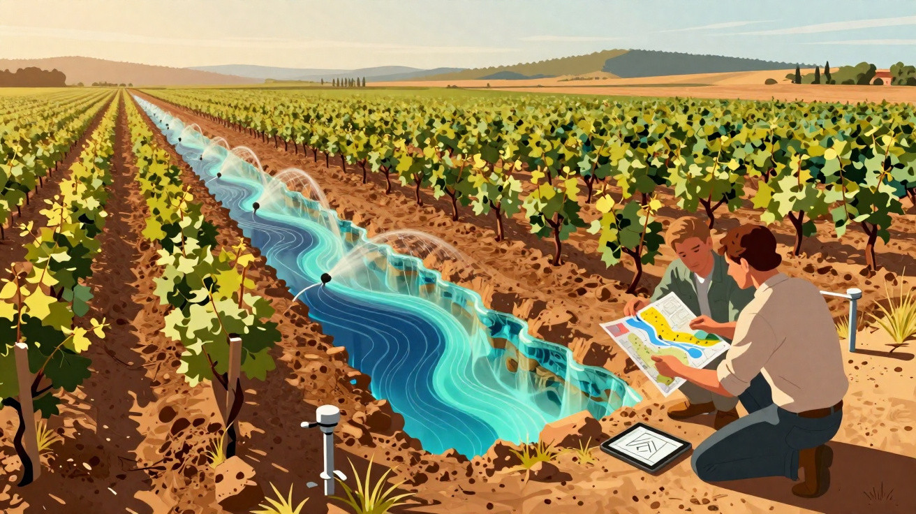 Homens analisam sistema de irrigação moderna em campo agrícola com plantações organizadas e regadores automáticos.