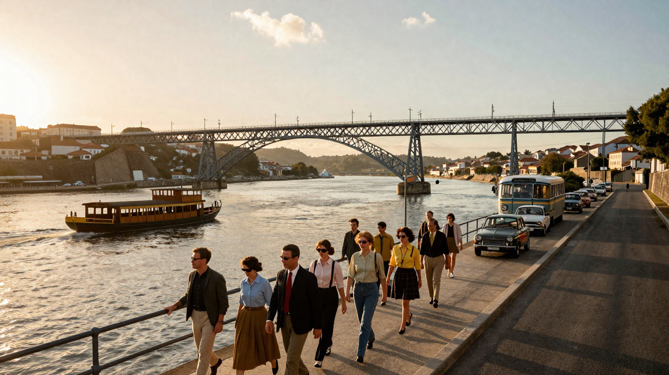 Pessoas caminhando à beira do rio, com barco navegando e ponte de ferro ao fundo ao entardecer.