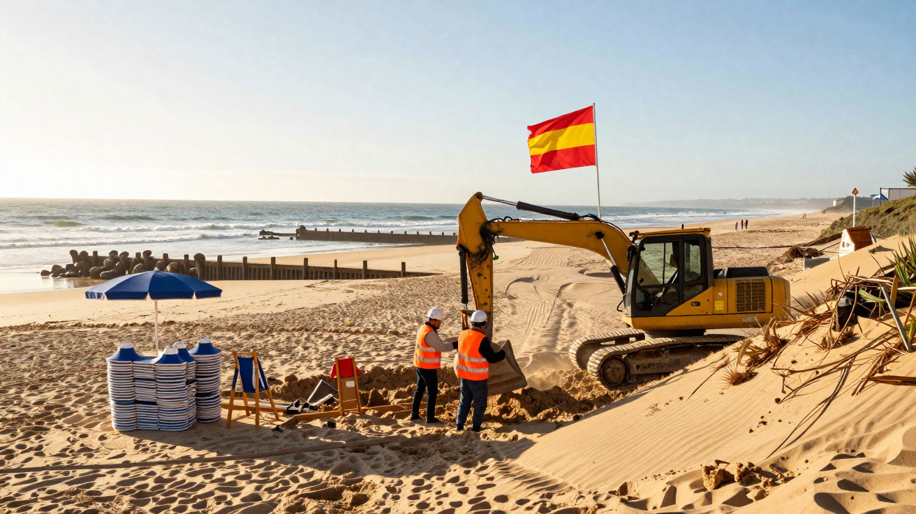 Operários com coletes refletores e capacetes trabalham com escavadora na praia sob a bandeira da Espanha.