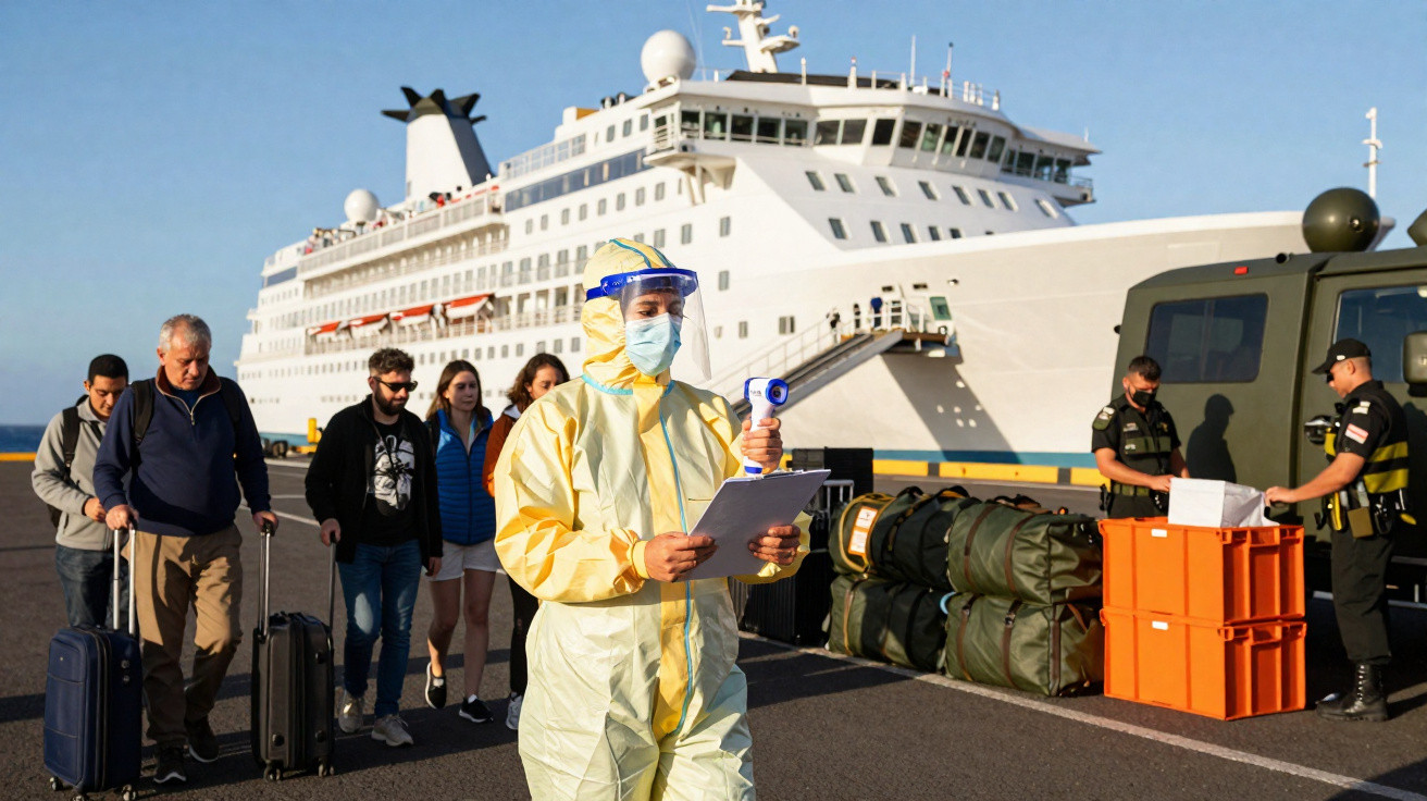 Profissional de saúde em equipamento de proteção mede temperatura de passageiros desembarcando de navio.