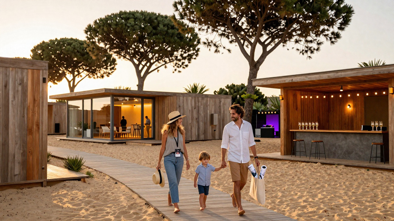 Família caminhando em passarela de madeira em área de lazer com cabanas de madeira e árvores ao entardecer.