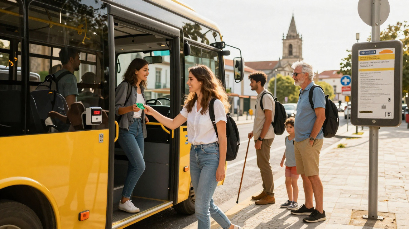 Mulher sorridente embarcando em ônibus amarelo, outras pessoas aguardam na parada ensolarada.